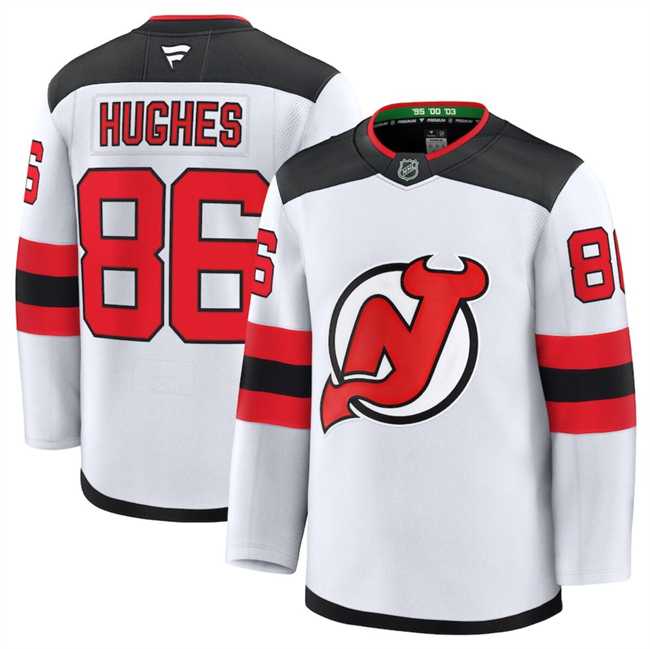 Mens New Jersey Devils #86 Hughes Fanatics White 2024-25 Away Stitched Hockey Jersey Dzhi